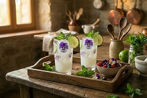 Mocktail ghiacciato al cocco e lime, freschezza con un tocco floreale